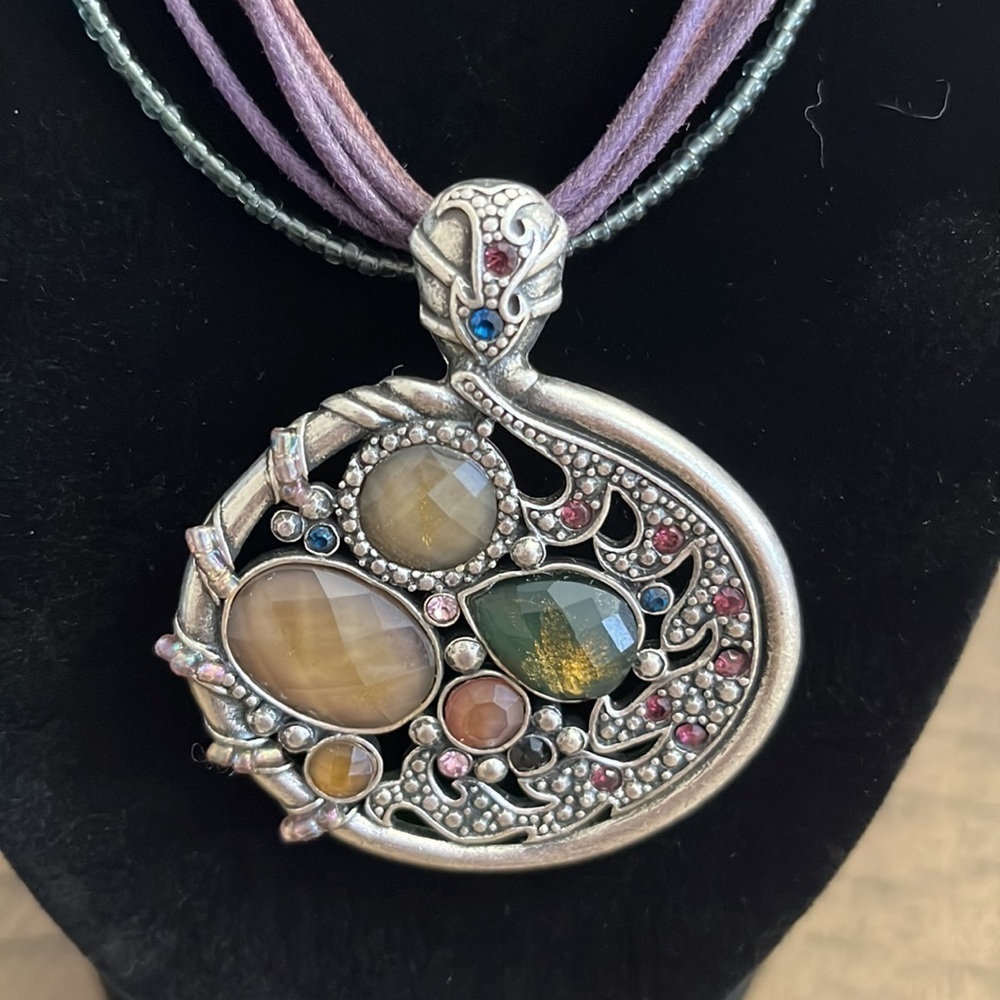 Boho Silver Statement Pendant Necklace Multi-Strand Purple Cord Earth Tones